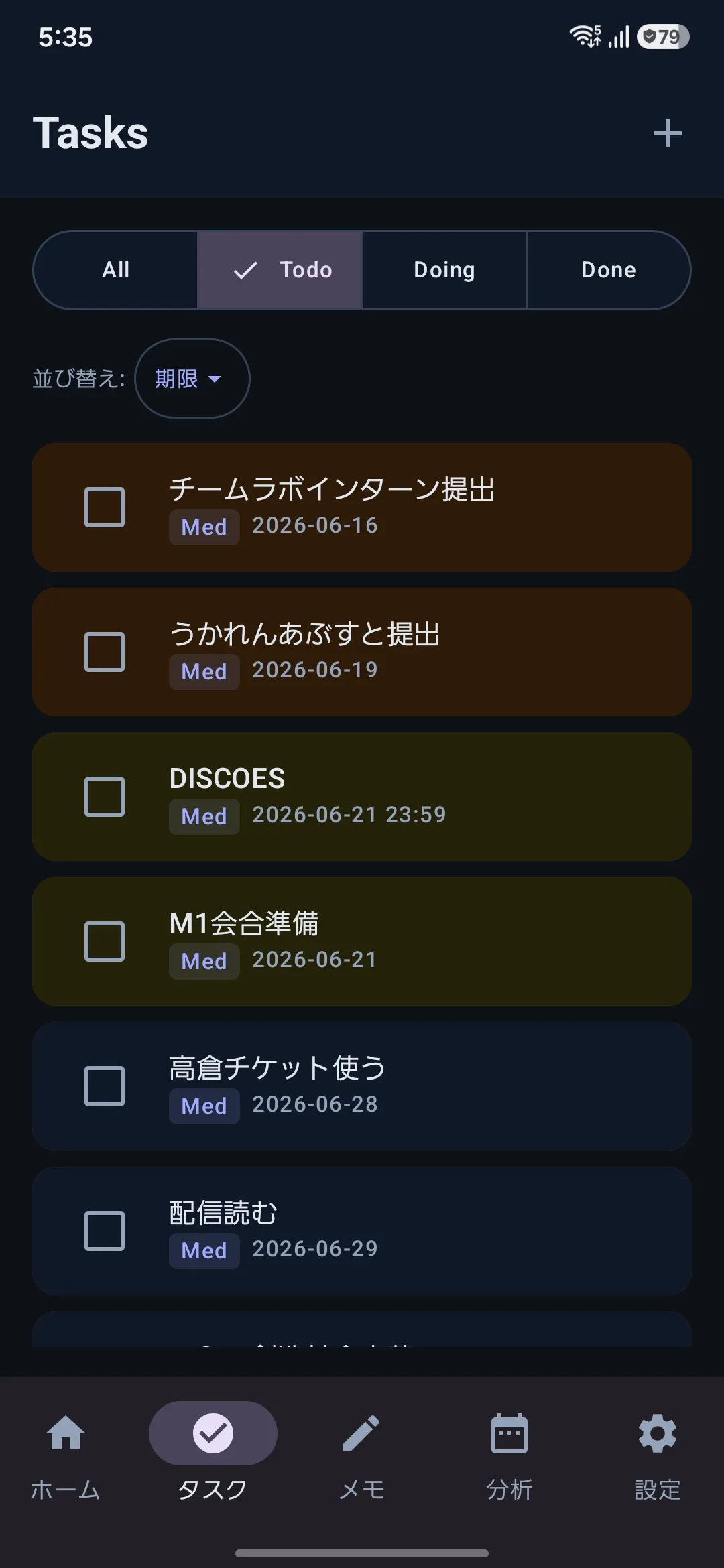 Androidアプリのやることリスト画面